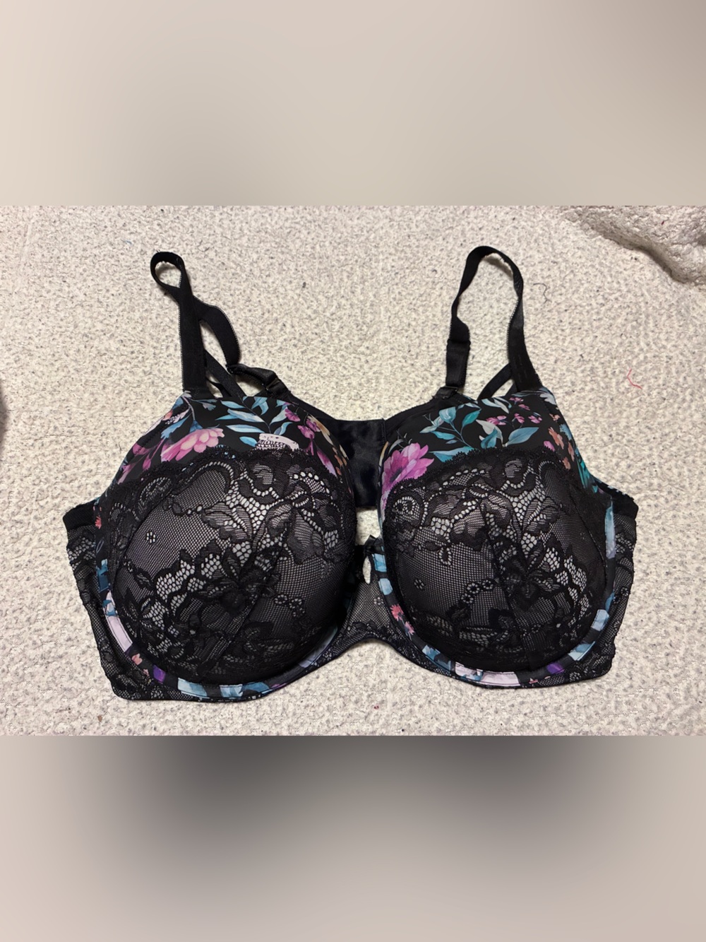 torrid Black Floral Lace Underwire Bra with Purple & Teal and skull Accents,44DD